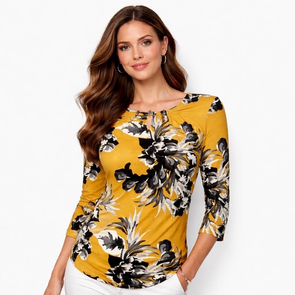 7Th Avenue Design Studio Tops - 7th Avenue NY&Co Mustard Floral Keyhole Top | 3/4 Sleeve | Small